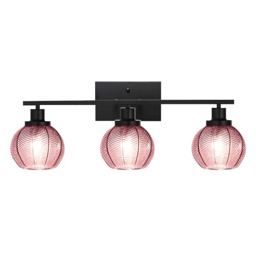 Image of 3-Light Pink Globe Bathroom Vanity Light Vintage Wall Sconce | 3-Light Vanity Light, Pink Ribbed Globe Glass Shades, E26, Soft Glow Mirror Lighting For Master Bath, Powder Room, Bathroom