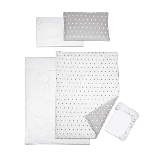 5 Piece Baby Bedding Duvet Pillow with Covers & Jersey Sheet fits 120x60cm Cot Bed (Big Stars)