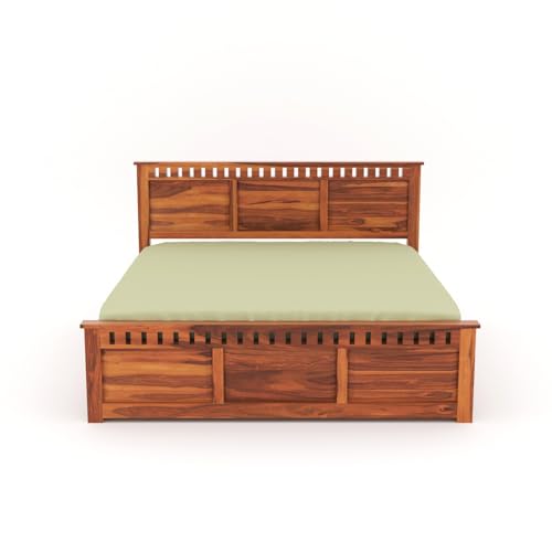 Image of Sheesham Wood King Size Bed with Storage Box | Wooden Box Bed King Size Double Cot Bed with Storage for Bedroom | Premium Kuber Dalla Design Headboard Bed for Hotel, Home | Honey Finish
