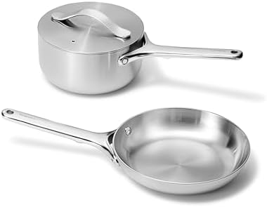 Caraway Stainless Steel Mini Duo - 5-Ply Stainless Steel Fry Pan (8 In) & Sauce Pan (1.75 Qt) - Oven Safe & Stovetop Agnostic - Non Toxic, PTFE & PFOA Free