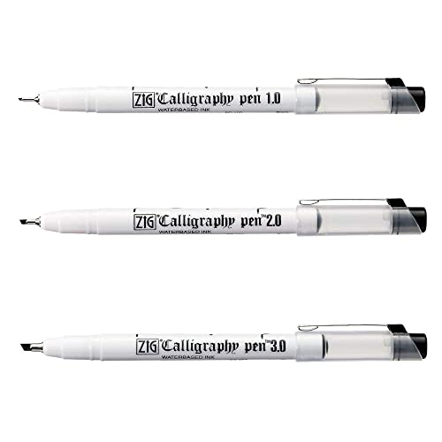 Zig CALLIGRAPHY PEN OBLIQUE Tip BLACK 3 Set, 1mm, 2mm, 3mm, For Italic and Gothic Calligraphy Beginners, AP-Certified, Odourless, Xylene Free, Professional quality, Made in Japan Kuretake