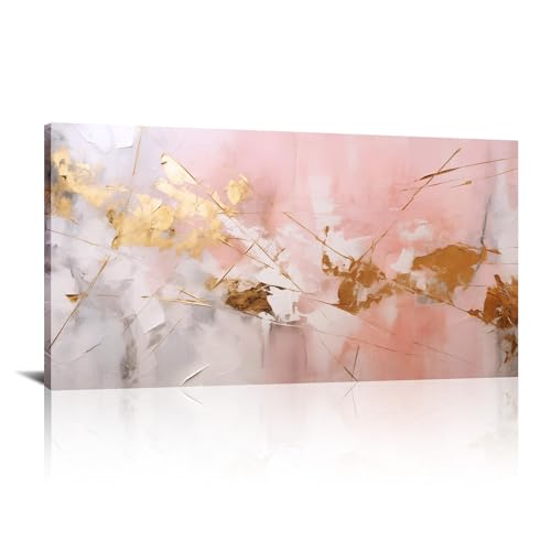 Peinture abstraite moderne rose et or pour transformer l'ambiance de votre salon chic