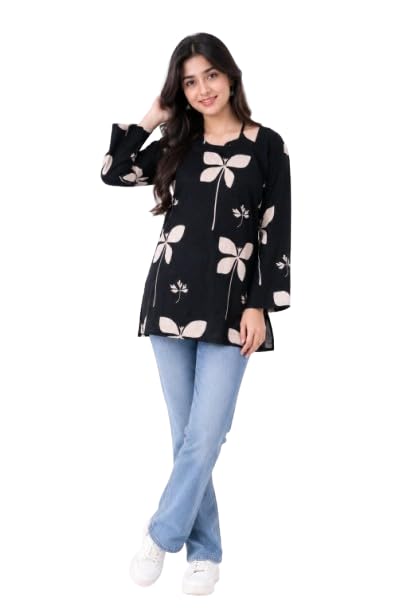 Women's Floral Print Tunic Top Casual Long Sleeve Western Top for Women Regular Fit Round Neck T-Shirt Stylish Office Wear Casual Top for Women Black-picture-36