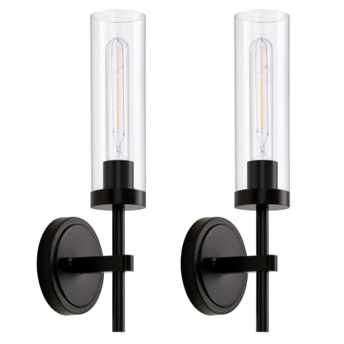Image of SANTOSTOCK Black Wall Sconces Set of Two, Hardwired Bathroom Vanity Sconces Wall Lighting with Clear Glass Shade, Modern Farmhouse Wall Mount Lights for Mirror Bedroom Living Room Hallway Entryway