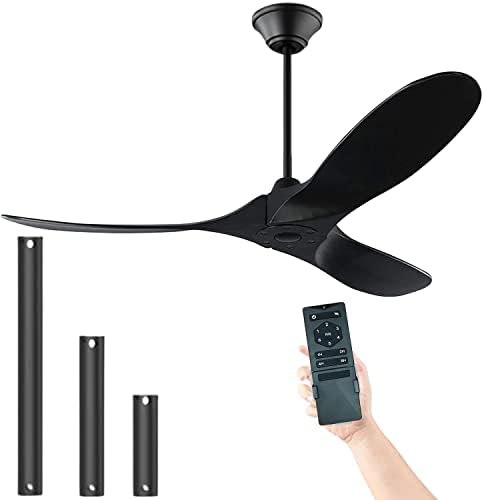 Black Ceiling Fan No Light 52" Wood Ceiling Fan with Remote, Outdoor Ceiling Fan for Patio, 3 Blade Large Airflow Indoor Outdoor Damp Rated Propeller Ceiling Fan for Bedroom Exterior Porch Gazebo