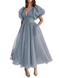 Xijun Women Dusty-Blue Prom Dresses Puffy Sleeve V-Neck Tea Length A-Line Lace-up Dotted Tulle Formal Evening Party Dresses with Slit Pockets US12