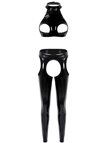 Agoky Ensembles Lingerie Erotique Femme Soutien Gorge Seins Nus Pantalon Creux Ouvert Entrejambe sous Vêtement Faux Cuir Clubwear Tentation Noir S