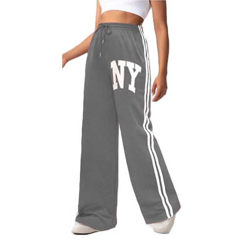 Image of Want Clothing Womens Wide Leg Jog Bottoms Joggers Fleece Lined Straight Flare Comfy Plain Sport Logo Badge Casual Lounge Wear Sweat Pants (UK, Alpha, S, M, Regular, Regular, Grey - NY Badge)