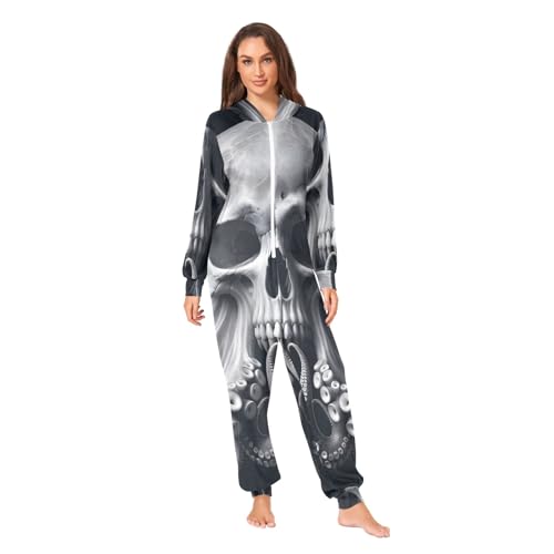 Pijama de Navidad de calavera de pulpo unisex con capucha y cremallera de felpa