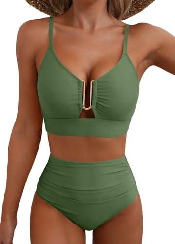 Yutdeng Conjunto de Bikini Mujer Cintura Alta Traje de Baño de Dos Piezas Push Up Relleno Metal en U Bikinis Mujer Control de Vientre Fruncido Bañador Sexy Espalda Cruzada Tirantes Ajustables Playa