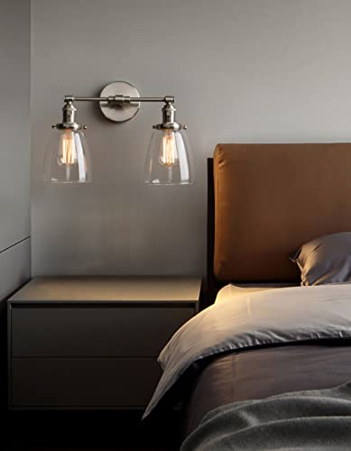 Phansthy Vintage 2 Light Wall Lamp With Switch, Double Light Wall Lighting With 5.6" Bell Shaped Glass Canopy, Retro Industrial Farmhouse Dual Light Wall Sconce (Brushed) #TOP5