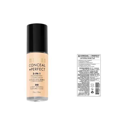 Milani Conceal + Perfect 2-in-1 Foundation + Concealer | Full Coverage Long Wear Makeup | Lightweight, Hydrating with Vitamin E | Covers Redness, Dark Circles, Crease-Proof, Paraben-Free | 00 Light Natural | 30ml
