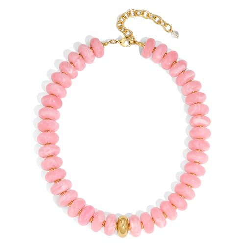 HolidayQbee Beaded Necklace for Women Chunky Beaded Choker Necklace Boho Oval Pink Big Bead Statement Necklaces Fashion Trendy Summer Beach Jewelry Gifts