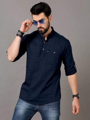 Image of DEEMOON Men's Cotton Blend Full Sleeve Short Kurta with Mandarin Collar Crafted from a Premium Cotton Blend