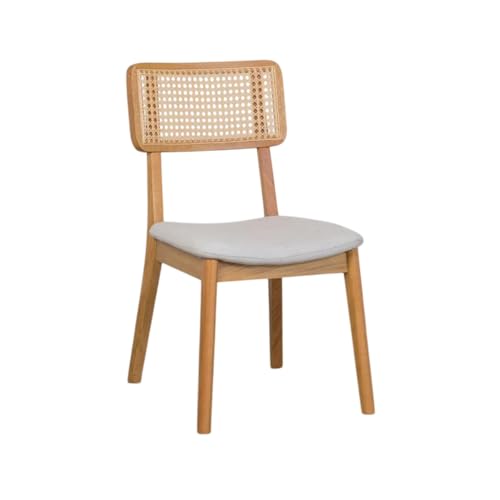 Cadeira de Jantar Estofada em Linho Bege Claro Encosto Rattan - L...