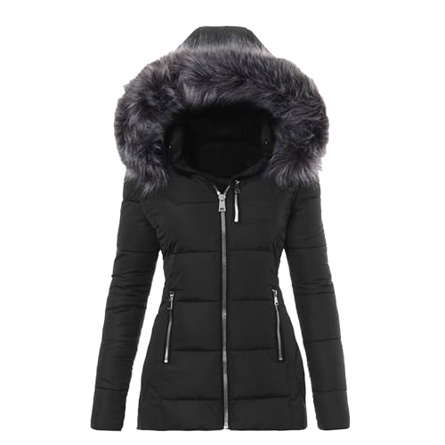 JEsilunmaMY Women's Slim Fur Hooded Puffer Jacket Warm Winter Coat Thicken Parka With Zip Pocket Insulated Padded Snow Jacket