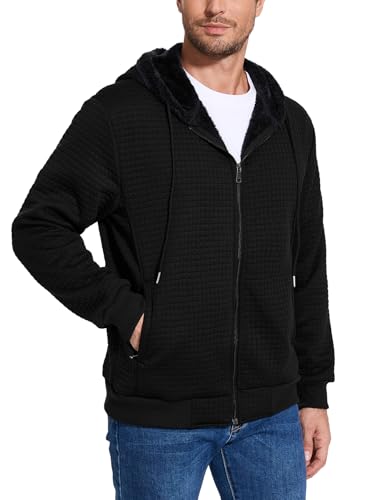 Flygo Mens Fleece Hoodie Jacket Jacquard PlaidCloth Zipper Sherpa Lined Sweatshirt Jackets Winter Warm Coat4