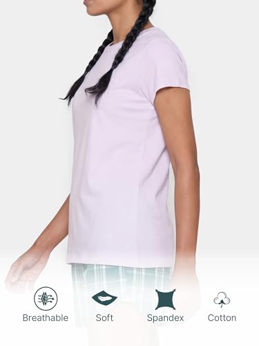 Image of Enamor Short Sleeve Crew Neck Regular Length Basic Crew T-Shirt for Women - Slim Fit, Soft and Breathable Stretch Cotton - E047