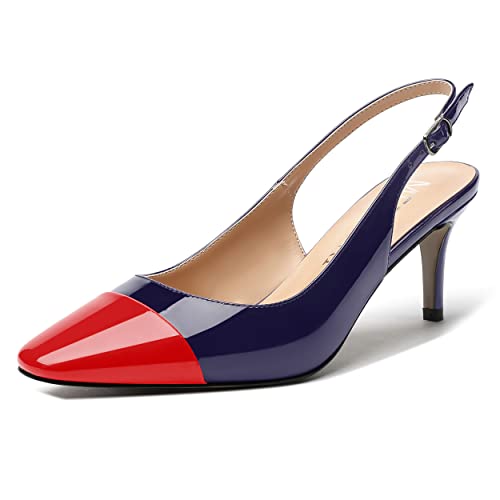 MERRORI Women's Party Two Tone Patent Square Toe Sexy Slingback Buckle Stiletto Mid Heel Pumps Shoes 2.5 Inch