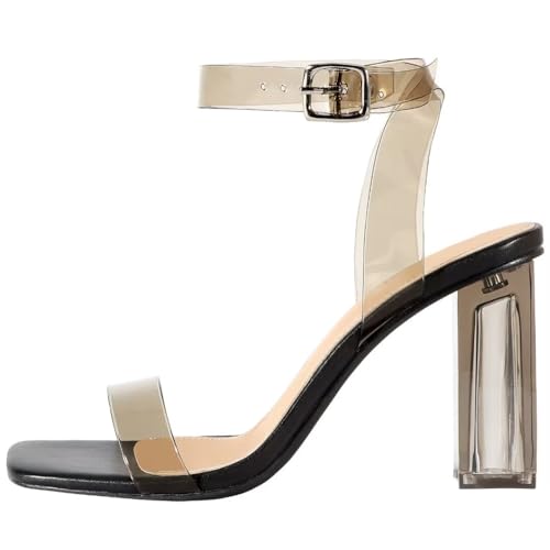 Image of Women's Clear Chunky Block Heeled Sandals 3.74 Inches Open Toe Ankle Strap Block High Heel Sandal Dress Dancing Sandals Daily Work Party Shoes