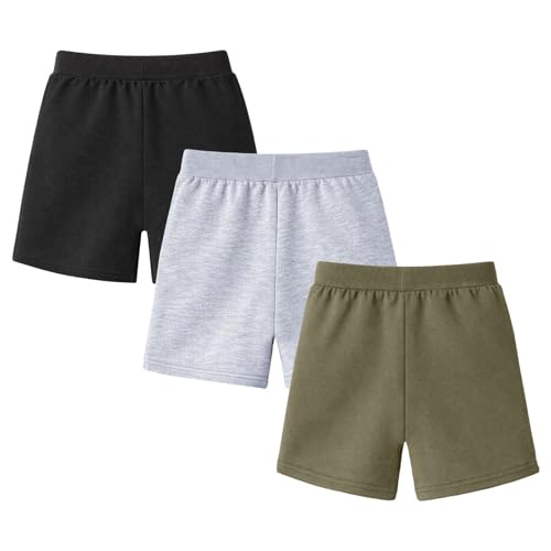 Image of HILEELANG Boys Sweat Shorts 3 Pack, French Terry Cotton Pull On Shorts with Pockets for Toddler Little Boys 2-7Y