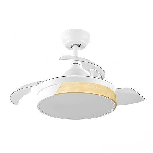 LEDUNI ® Ventilador de Techo con luz Led 72W y Mando a Distancia, motor DC, 6 velocidades, Silencioso,4 Aspas desplegables, función verano-invierno, temporizador (Blanco Madera)