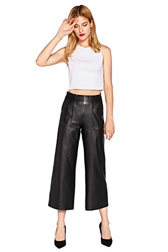 Women's Real Leather Pants High Waist Leather Wide Leg Pants Black SmartUniverseWear4