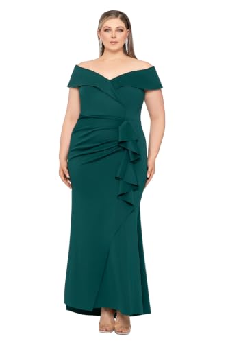 Image of Xscape Women's Long Off-the-Shoulder Sweetheart Neckline Formal Evening Gown with Ruching and Draped Ruffle Detail