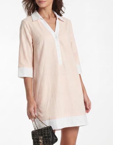 Image of Kedera Women Button Shirt Dress V Neck Short Sleeves Summer Casual Work Shift Tunic Dress with Pockets