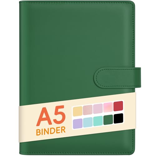 Image of Sooez A5 Notebook Photocard Binder, 6 Ring Planner with Stylish Design, Loose Leaf Personal Organizer Cover with Magnetic Buckle, PU Leather Binder with Macaron Colors(Dark Green)