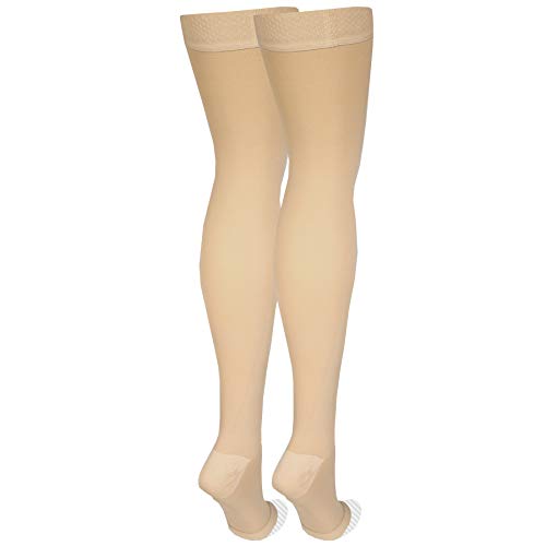 Amazon Basic Care Medical Compression Stockings, 20-30 Mmhg Support, Women & Men Thigh Length Hose, Open Toe, Beige, Medium (Previously Nuvein) #TOP6