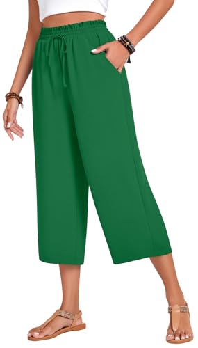 Image of Anyhold Women's Capri Pants Drawstring Casual Palazzo Trousers with Pockets Loose High Waisted Wide Leg Lounge Pants