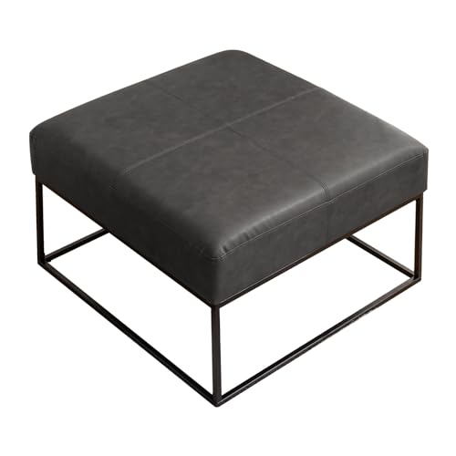 Image of Modern Square Coffee Table, Farmhouse Ottoman for Living Room, Large Vintage Leather Coffee Tables with Leather Upholstered Padded Seat [Square, Vintage Black, 30'']