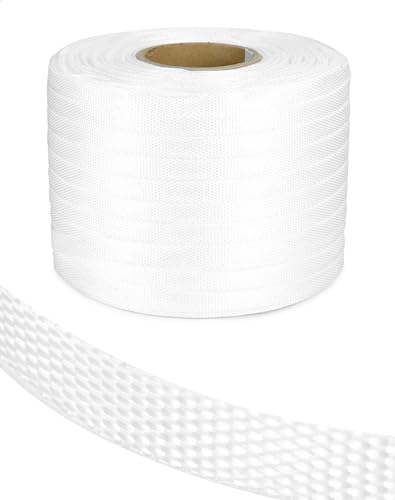 QWORK 1/2" x 1500' Woven Cord Strapping Roll, Heavy Duty Polyethylene Braided Rope Strap Roll, 1300 lb Strong Break Strength 6" x 3" Core, Strength and Flexibility Poly Cord Strapping, White