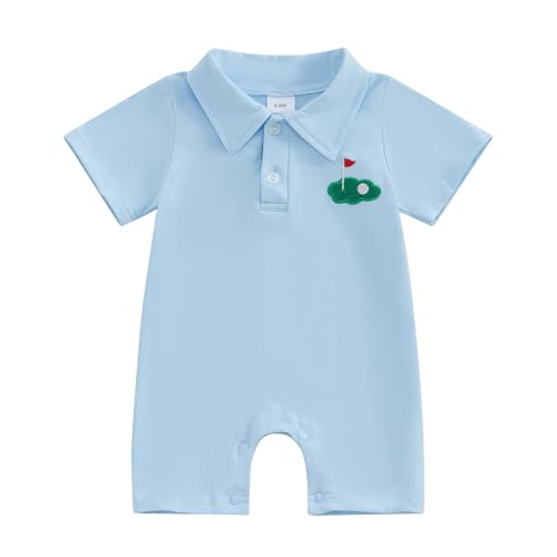 Suolongsama Baby Boy Golf Outfit Newborn Short Sleeve Short Romper Button Down Collared Jumpsuit Summer One Piece Outfits (Blue, 6-12 Months)