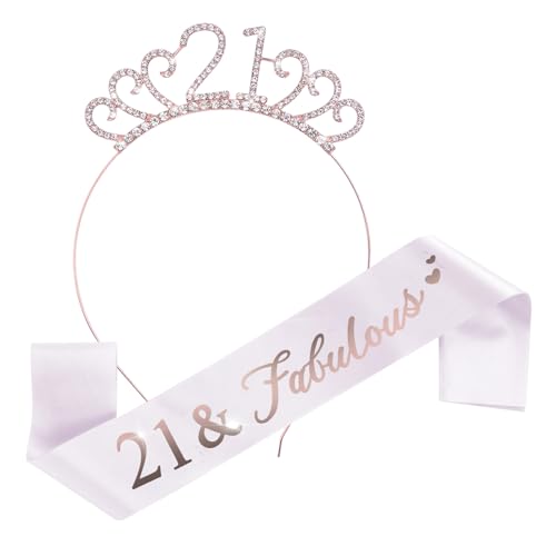 1 Set Roségold 21. Geburtstag Mädchen Schärpe und Tiara,21 Geburtstag Deko,Glänzend Geburtstagskrone,21. Happy Birthday Girl,für 21 Geburtstag-Deko Geschenk und Frauen Party Accessoires