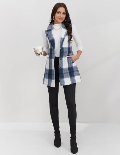 Image of IDEALSANXUN Plaid Vest for Women Fall Winter Sleeveless Blazer Jackets