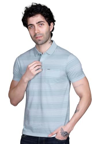 Image of GODFREY Striped Tshirt Shirts Men Cotton Polo T Shirt for Man with Pocket - Regular Fit Half Sleeve Collar T Shirts for Men