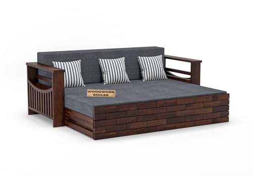 Image of Solid Sheesham Wooden Sofa Cums Bed with Mattresses for Living Room|Rosewood 3-Person Sofa Cums Bed for Bedroom Without Pillow (I-Walnut Finish)