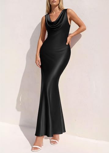 Image of KIRUNDO Womens Cowl Neck Sleeveless Bodycon Satin Maxi Dress | Formal Silk Long Dresses, Mermaid Hem, 2026 Summer Elegant Wedding Guest Cocktail Party Fall Outfits