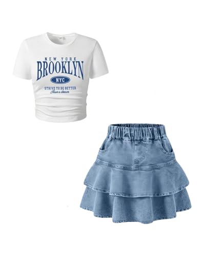 Cakaner Girls Back-to-School Outfit Short Sleeve Letter Print T-Shirt and Ruffle Tiered Denim Skirt Set Size 7 8
