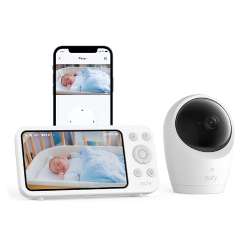 Monitor para bebés eufy E20, resolución 2K, Pantalla de 5'' 720p, conexión híbrida, Control con y sin Wi-Fi, Zoom 4×, visión Nocturna, batería integrada, ANR, alertas Inteligentes, grabación 24/7.