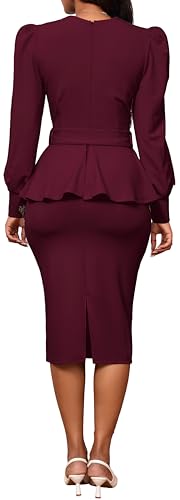 Image of Dresses for Women Elegant Long Sleeves Ruffles Pencil Knee Length Split Business Dress with Belt Zipper