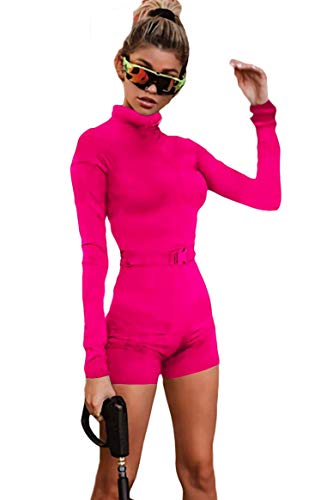 ALERDON Women's Sexy Round Neck Zipper Neon Long Sleeve Jumpsuit Shorts