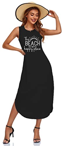 Image of Women's Casual Beach Summer Dresses Sleeveless Graphic Long Sundress Cover Up Dresses with Pocket