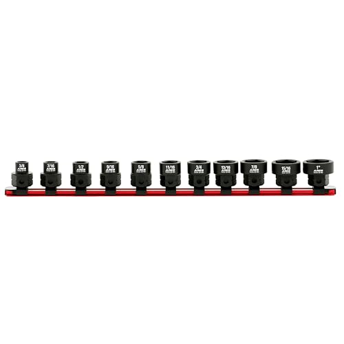 Image of ARES 29021 11-Pc 1 /2in SAE Nano Sockets, Low Profile, w /Rail | Impact grade sockets offer greater clearance than typical shallow sockets