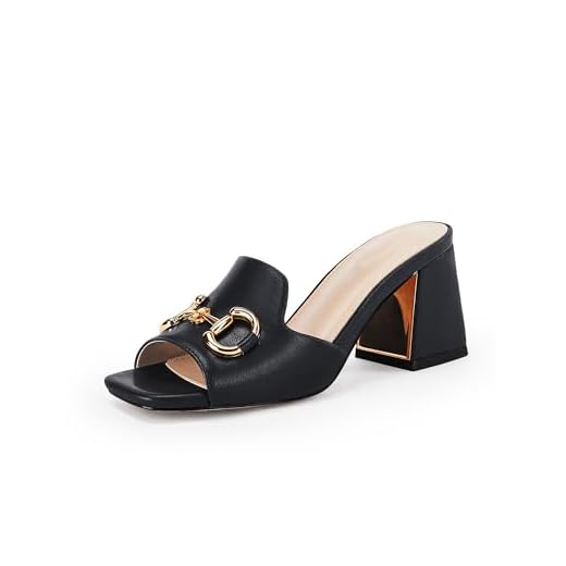 gihubafuil Sandálias femininas, salto grosso, peep toe, faixa única, confortável, sem cadarço, com corrente de metal para o verão, Preto, 35 BR