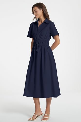 Image of Ladyful Women Casual Button Down Short Sleeve Shirt Dress Tie Waist Midi Shirt Dress Elegant Business Party
