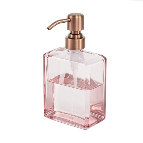 Image of Blush Pink Soap Dispenser Glass Rectangular, Copper Pump, 13.5 oz | Rust Proof Stainless Steel Pump, Refillable, Hand Soap, Liquild Soap, Dish Soap, Bathroom, Kitchen