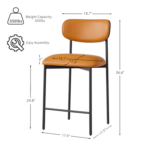 Image of GrandNoor Modern Bar Stools Set of 3, 24 Inch Upholstered Brown Faux Leather Counter Height Stools with Curved Backrest & Metal Legs, Wood Grain Back Bar Chairs for Kitchen Island